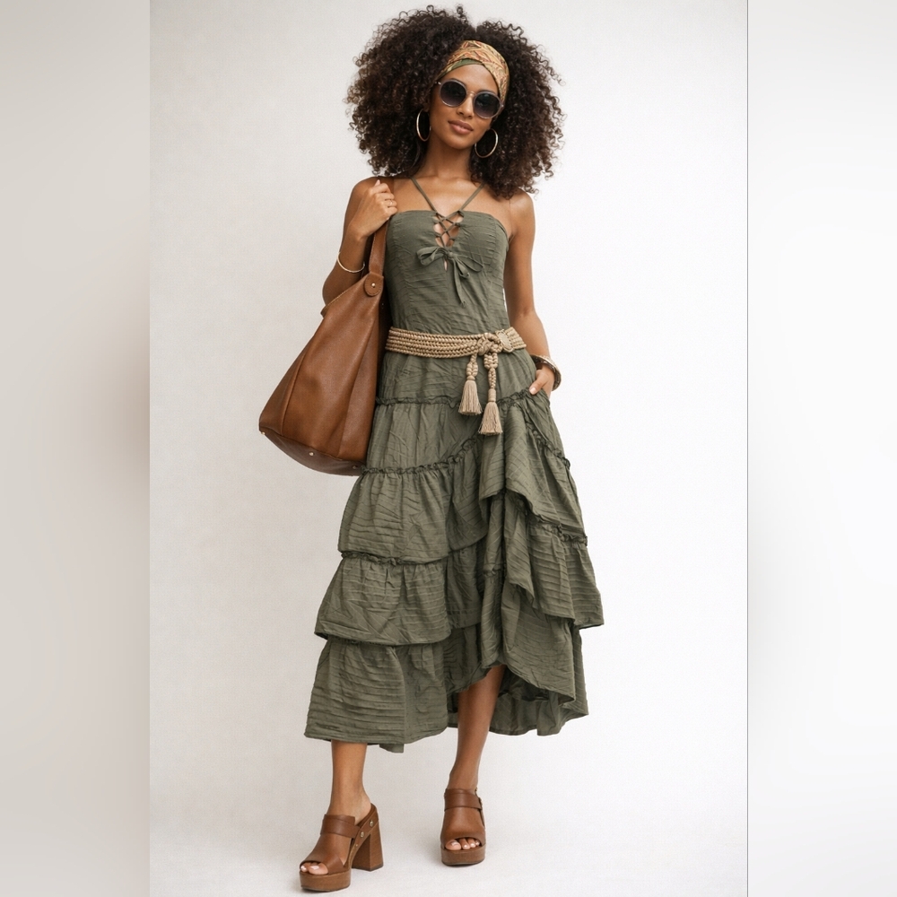 Y2K France Olive Lace-Up Cargo Ruffle Hem Midi Dress Boho S
